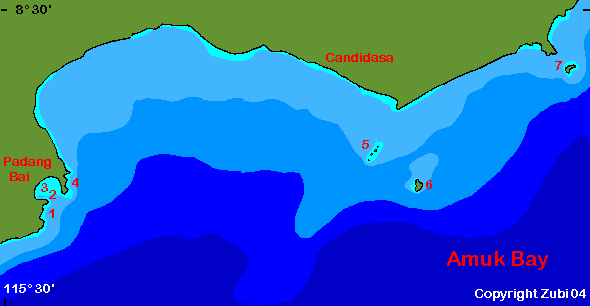 Map of dive sites in Amuk Bay