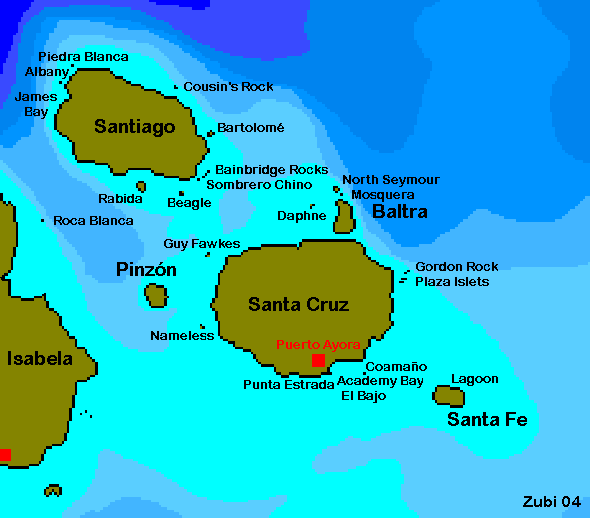 Map of the central Islands of the Galapagos (Santa Cruz, Santa Fe, Santiago) - Karte der Tauchplätze im Zentrum der Galapagos Inseln (Santa Cruz, Santa Fe, Santiago)