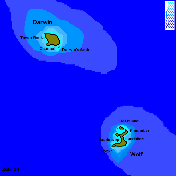 Map of the northern Islands of the Galapagos (Wolf and Darwin) - Karte der Tauchplätze im Norden der Galapagos Inseln (Wolf und Darwin)