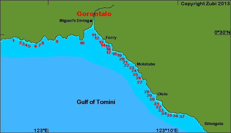 Map with dive sites around Gorontalo (North Tomini Gulf)