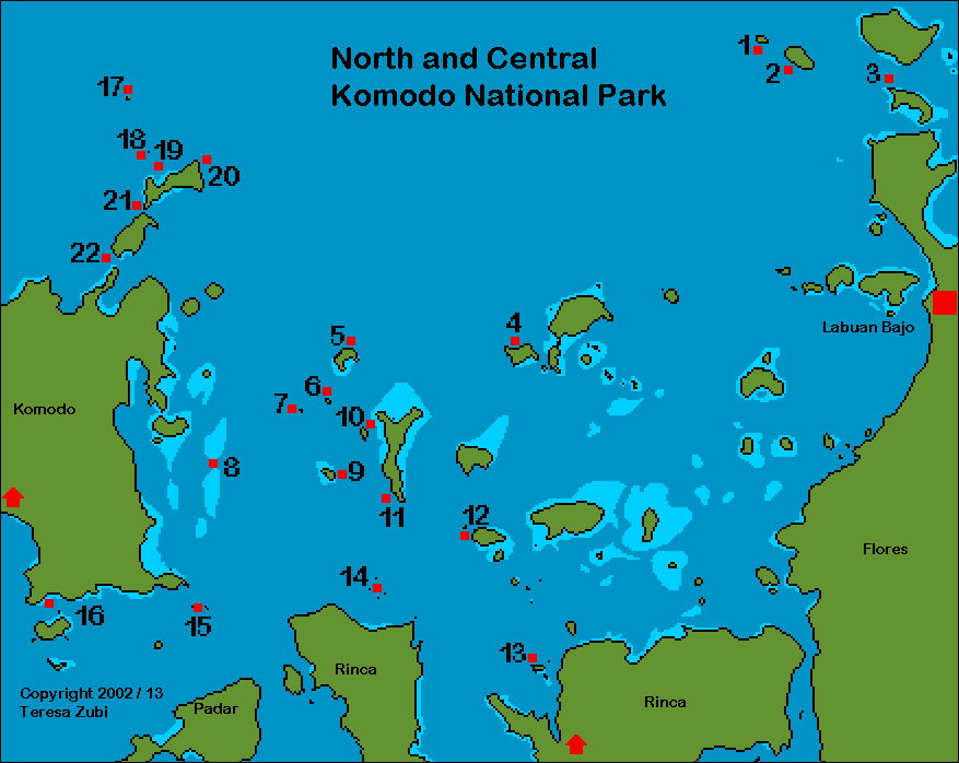 Map of the Northeast of the National Komodo Park with the main dive sites in this area
