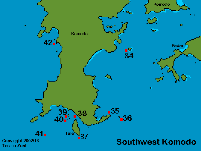 Map of the Southwest of the National Komodo Park with the main dive sites around South Komodo, Tala island