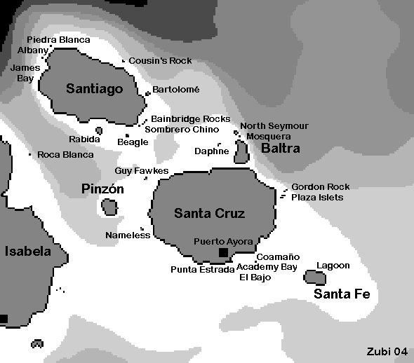 Map of the central Islands of the Galapagos (Santa Cruz, Santa Fe, Santiago) - Karte der Tauchplätze im Zentrum der Galapagos Inseln (Santa Cruz, Santa Fe, Santiago)
