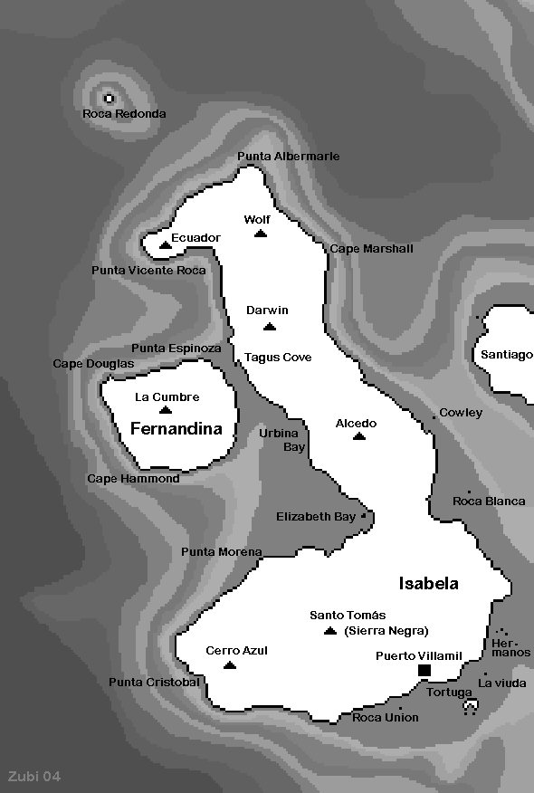 Map of the dive sites in the western Islands of the Galapagos (Isabela and Fernandina) - Karte der Tauchplätze im Westen der Galapagos Inseln (Isabela und Fernandina)
