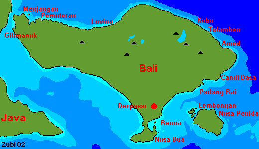 Map of Bali and its dive areas