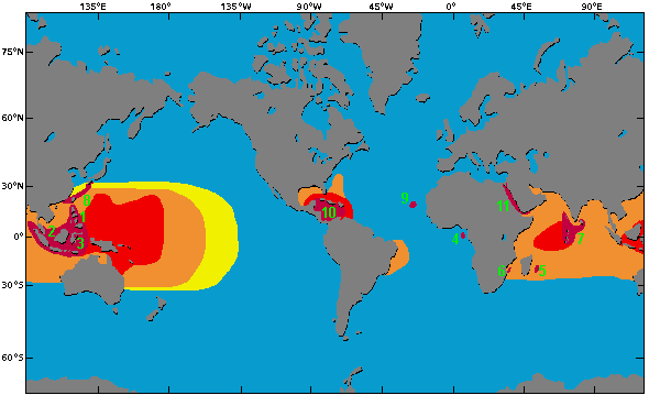 Karte mit bedrohten Riffregionen (Hotspots)