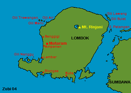 Map of Lombok island with dive areas