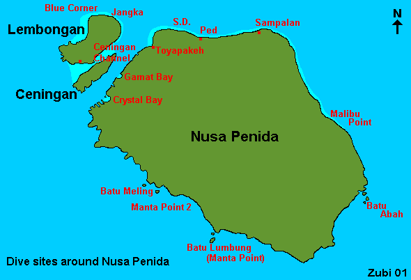 Karte von Nusa Penida mit den Tauchplätzen (Bali, Indonesien)