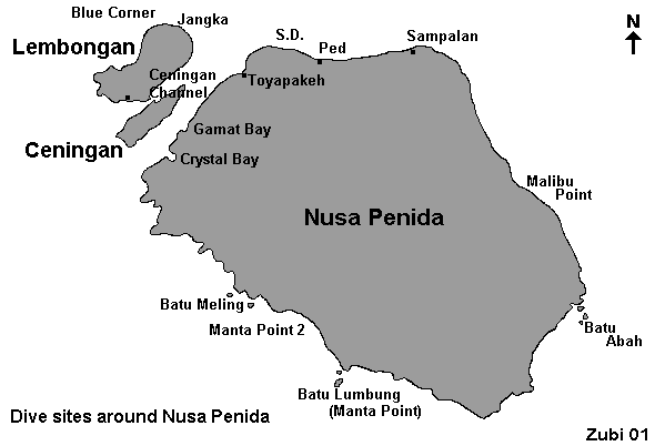 Map dive sites around Nusa Penida, Lembongan, Ceningan